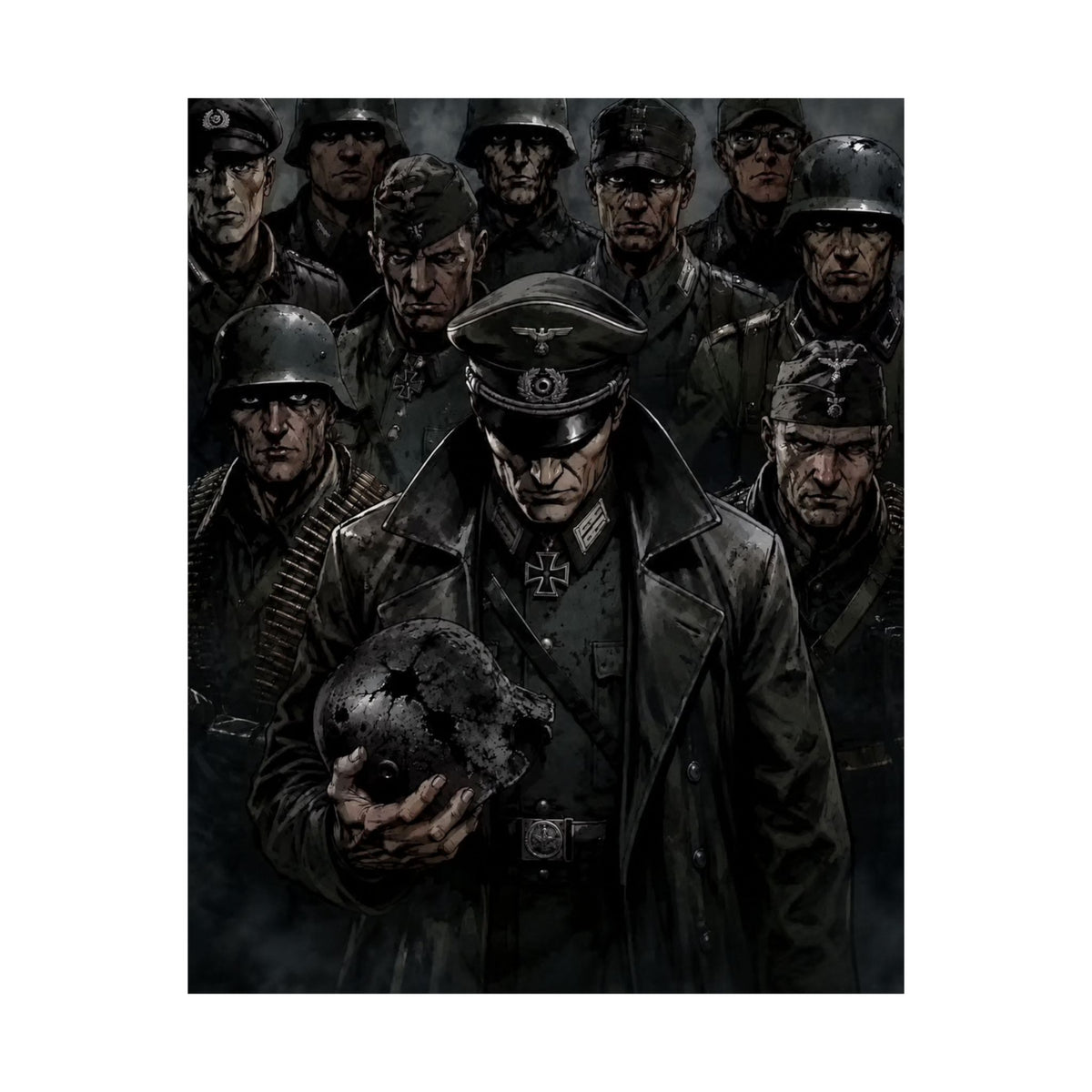 Dark Military Art Poster — Stoic Commander & Soldiers Matte Vertical Print