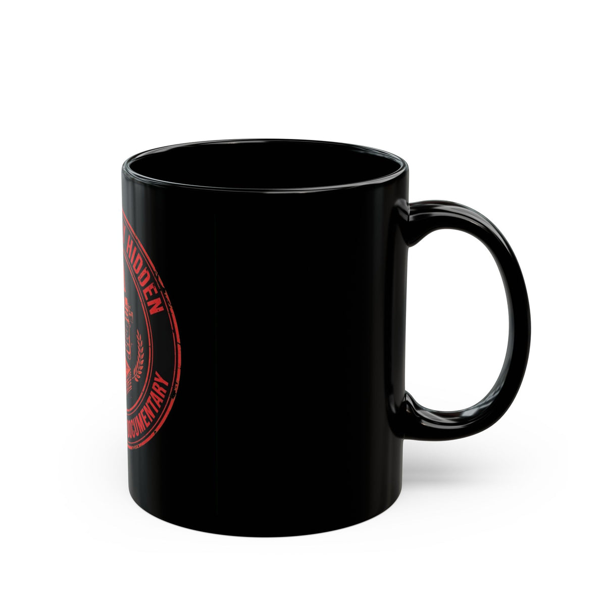 Historically Hidden Archives Black Coffee Mug — Vintage Typewriter Documentary Logo