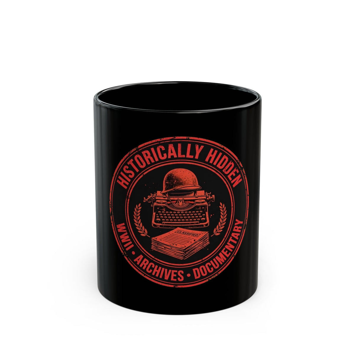 Historically Hidden Archives Black Coffee Mug — Vintage Typewriter Documentary Logo